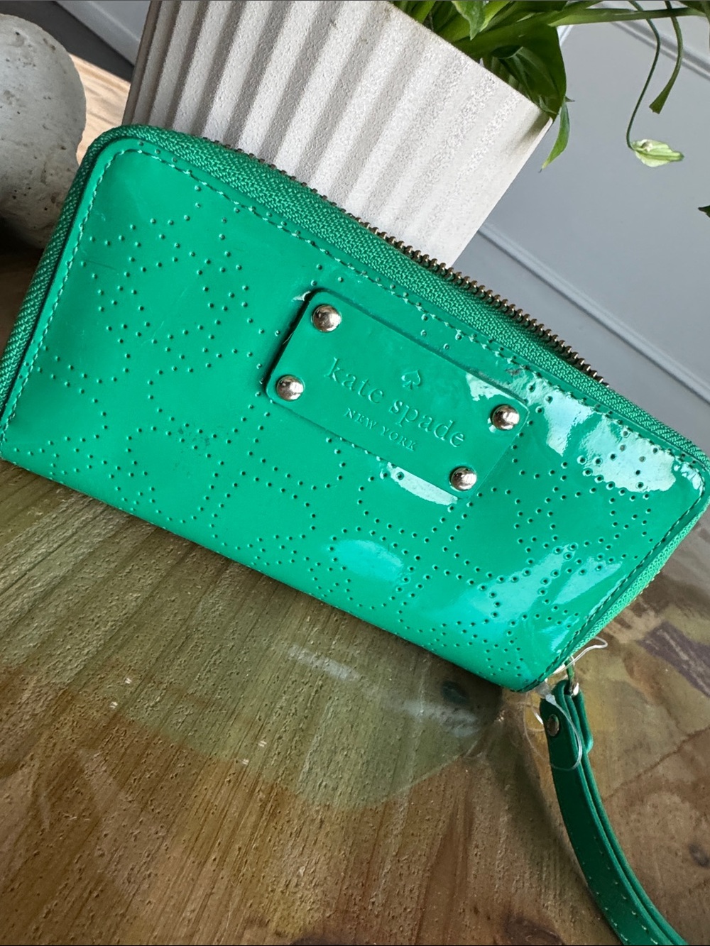 kate spade patent wristlet wallet in bright green